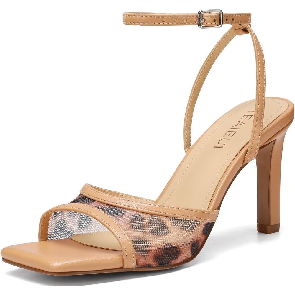Women Leopard Rhinestone 3-Inch Sexy Stiletto Sandals Square Open Toe Comfort